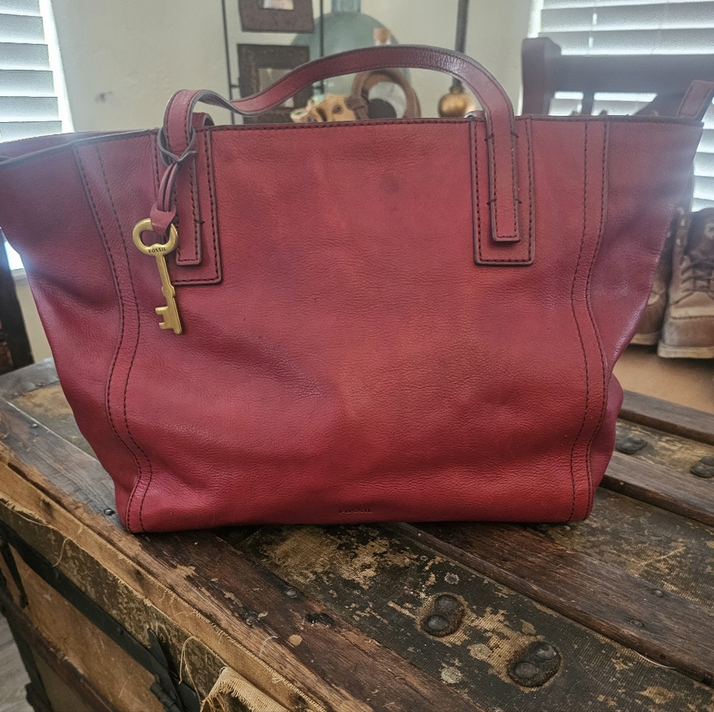 Fossil "Emma" Red Leather Double Strap Tote Shoulder Bag